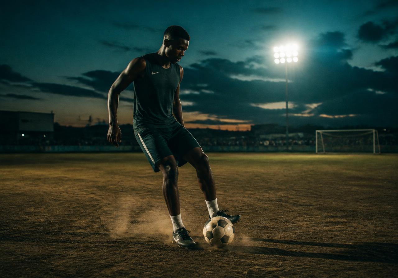 African youths playing barefoot football on red-earth pitches